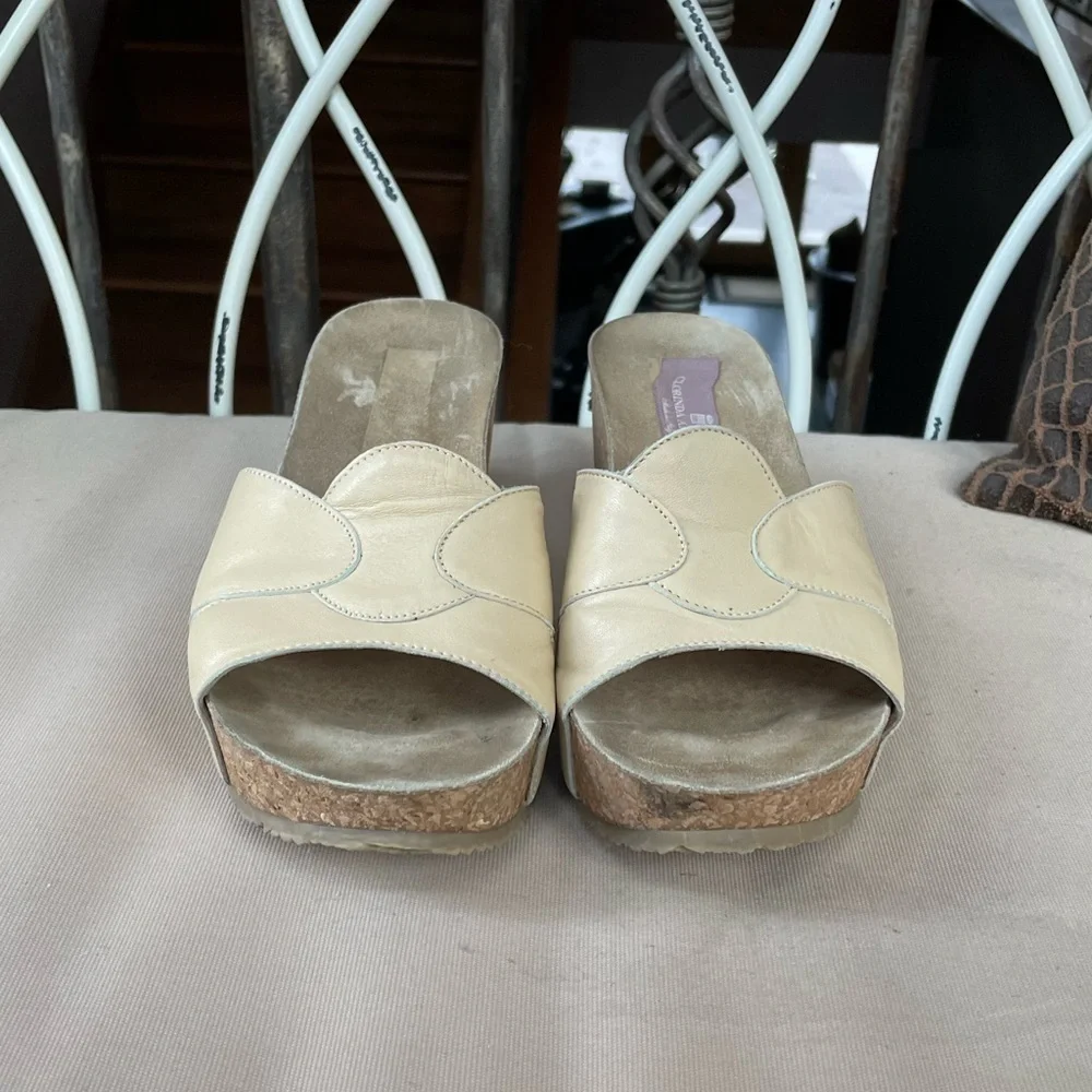 Clorinda‎ Antinori Leather Cork Wedge Platform Slide in Cream Size 8
